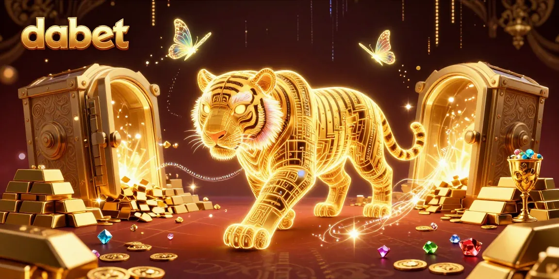 dabet showcases an ultra-detailed scene of a golden tiger in a vibrant casino landscape with treasures and holographic butterflies.