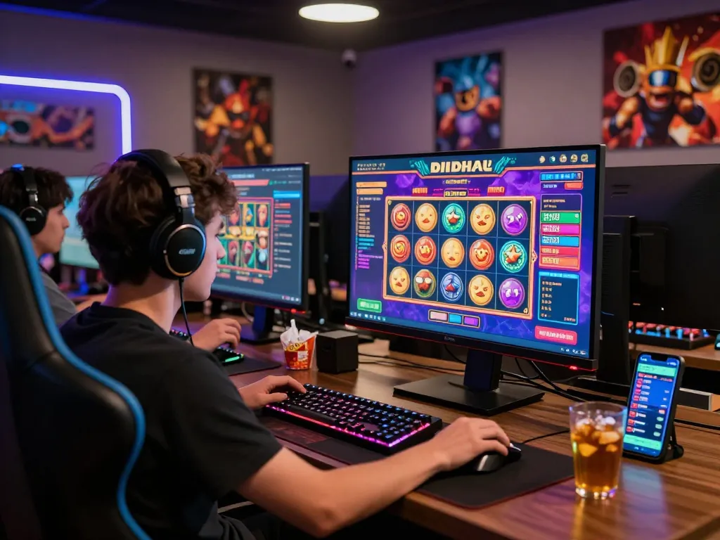 Player engaging with vibrant online gaming interface at 8kbett.dev, immersive atmosphere, modern gaming setup.