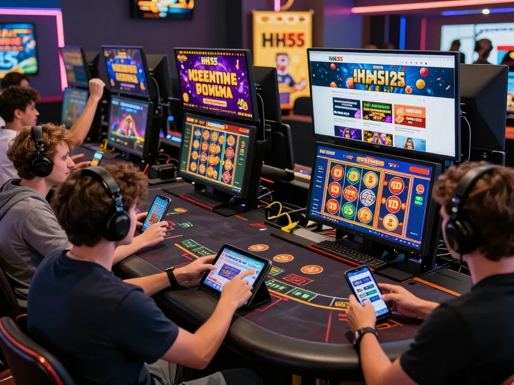 Engaging scene showcasing HH55 players enjoying online games with vibrant casino atmosphere.