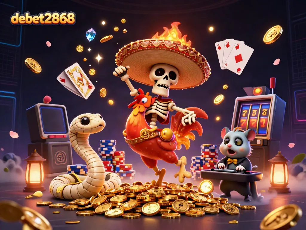 Engage with debet2868 through electrifying games featuring a mariachi rooster and a DJ hamster celebrating on coins.