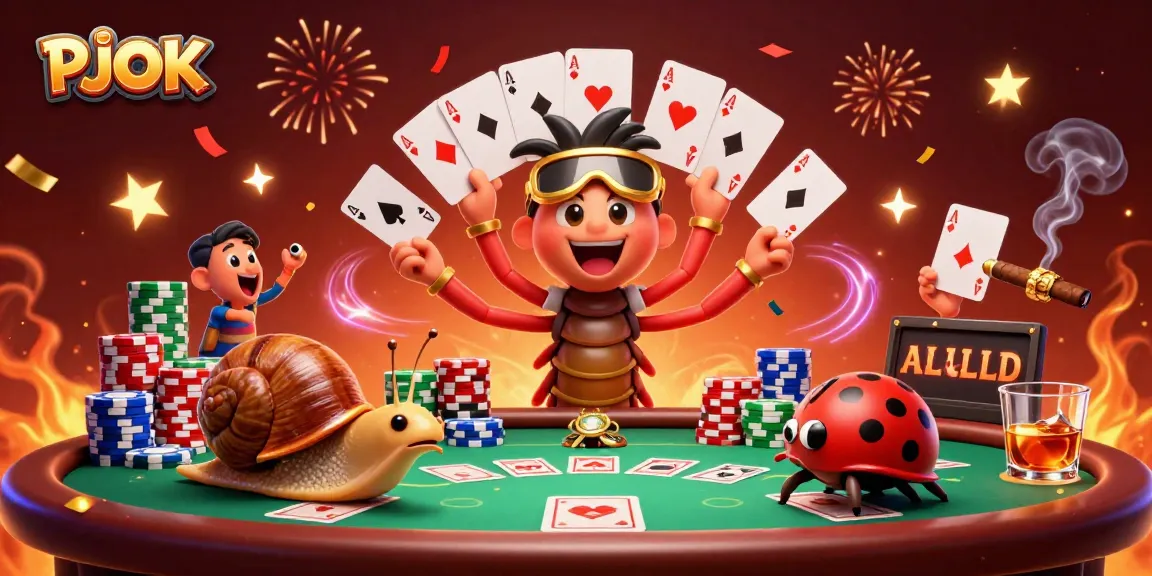 PJOK offers thrilling poker experiences with dynamic gameplay showcased by cartoon characters and vibrant casino elements.