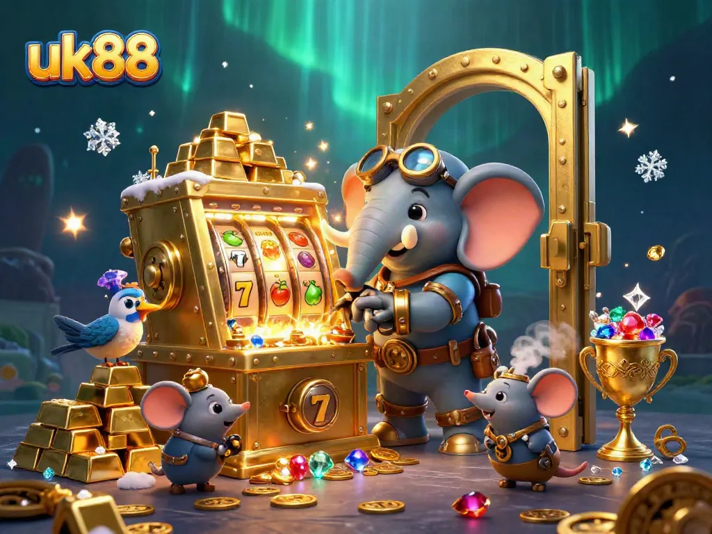 Experience the thrill of uk88 with a steampunk elephant engineer at a golden slot machine in an immersive casino setting.