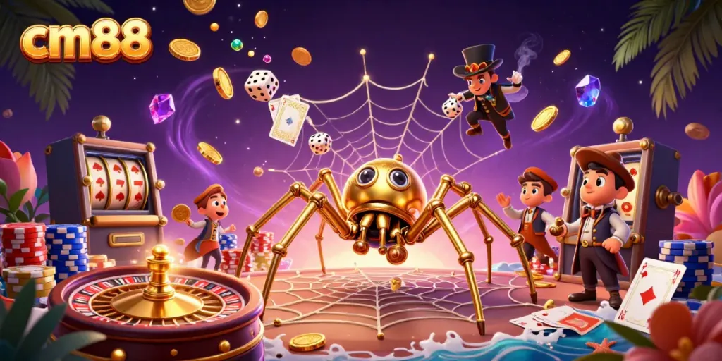 Experience thrilling gaming at cm88 with a dynamic steampunk spider catching dice amidst golden coins.