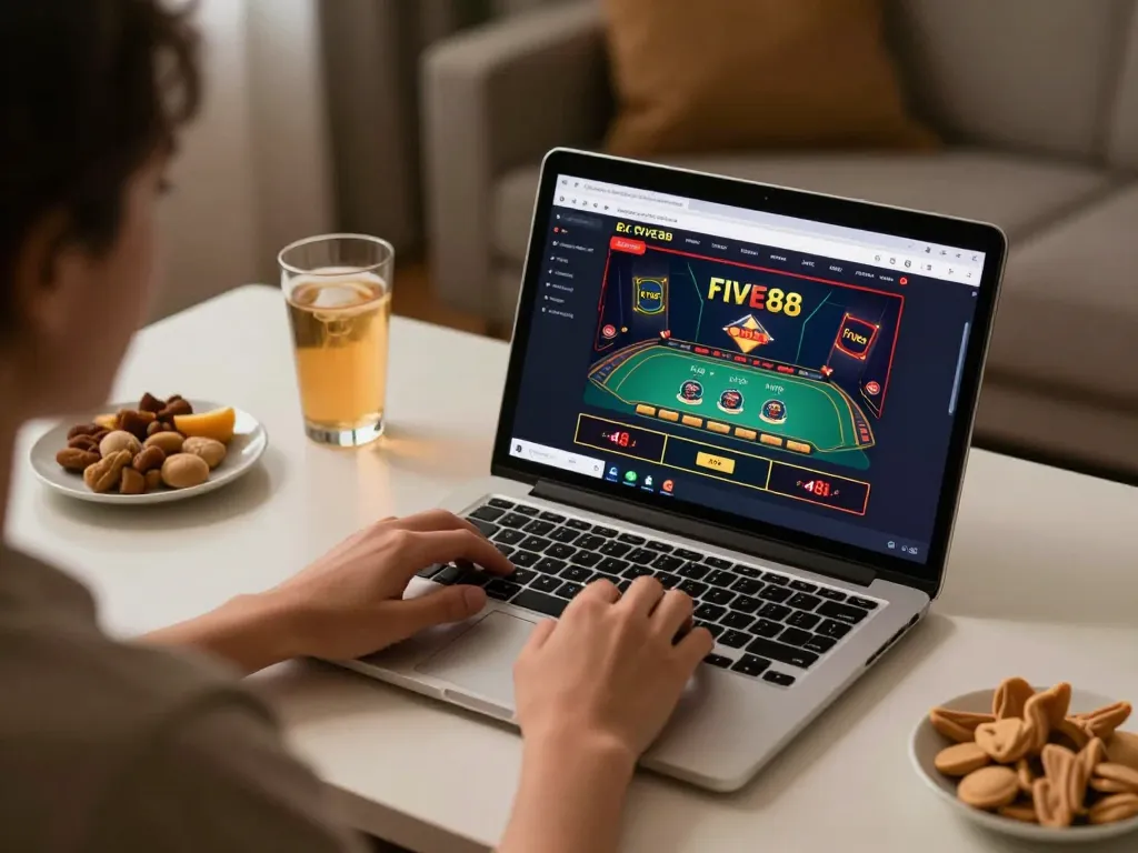 Engaging in online gaming on the FIVE88 platform with live dealer games visible on the screen.