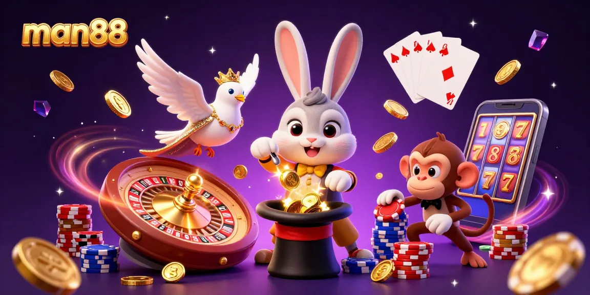 Experience excitement with the man88 3D cartoon scene featuring casino elements and magical characters.