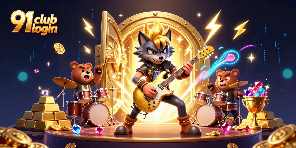 Experience the thrill of 91 club login with vibrant casino characters in a dazzling scene.
