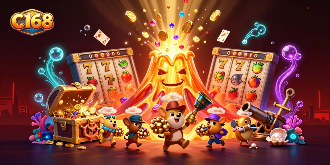 C168 players enjoy gold and gems in a vibrant online casino scene with dynamic slot themes.