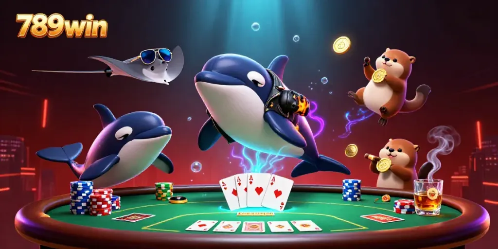 Experience exciting wins with 789win featuring an orca, stingray, and otters in a lively casino scene.