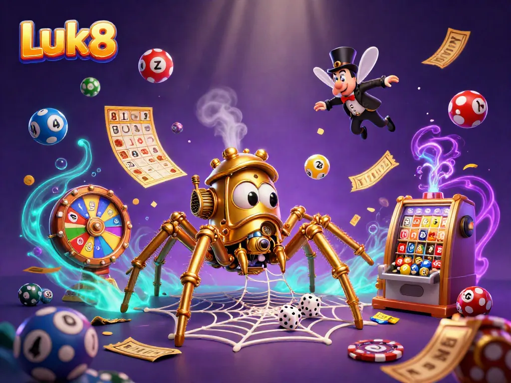 Engage in thrilling games at Luk8, featuring steampunk elements and vibrant casino symbols.