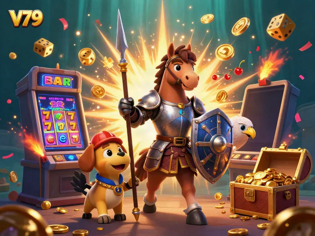 Experience the vibrant gaming atmosphere at V79 with knights, slot machines, and jackpot excitement.