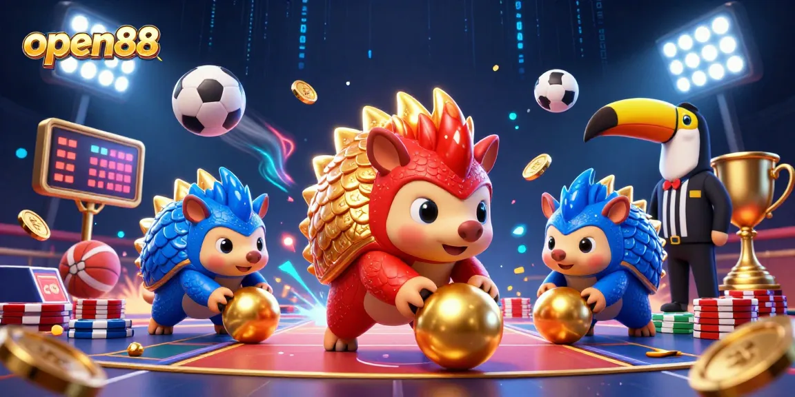open88 features a thrilling game scene with rival pangolins bowling chips and sports balls flying dynamically.