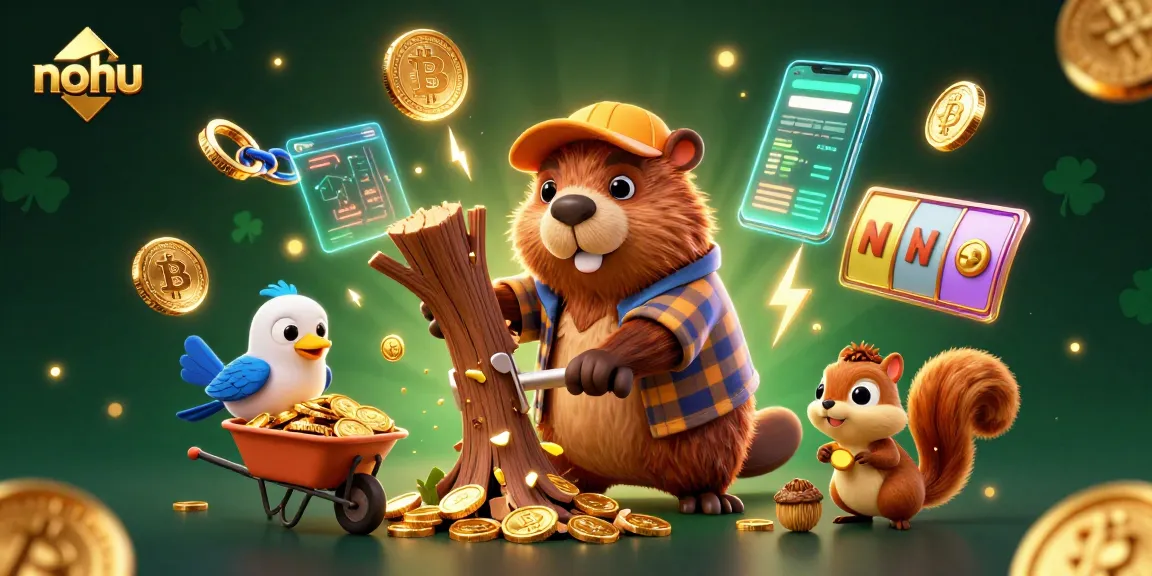 Jump into nohu's vibrant casino world, featuring whimsical characters collecting golden coins.