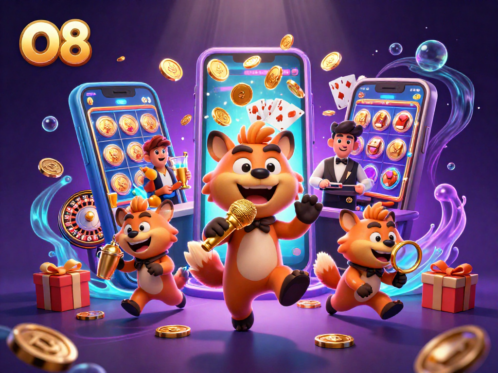 Experience the excitement of O8 casino with engaging hyena characters, dynamic slot games, and vibrant atmosphere.