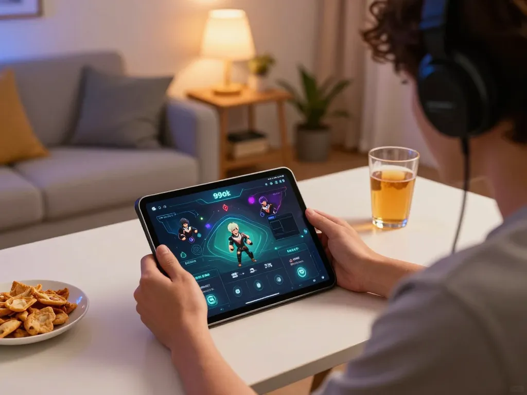Engaging online gaming moment on 99ok app, showcasing a player strategizing in a cozy home setting.