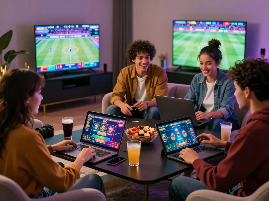 Exciting AQ777 gaming scene with friends enjoying online casino games in a vibrant atmosphere.