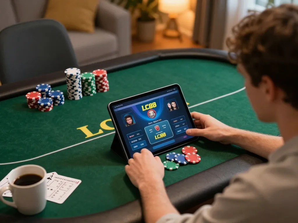 Player enjoying an online poker game on trang chủ lc88 with strategy notes nearby, cozy home setting