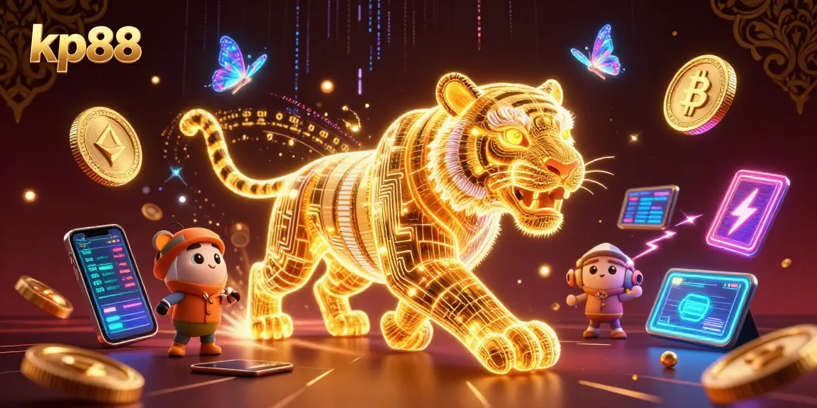 Experience thrilling games at kp88 in this vibrant 3D digital casino scene featuring a golden tiger.