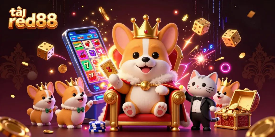 Experience the thrill of gaming tại red88 with a vibrant 3D casino scene featuring a royal corgi and jackpots.
