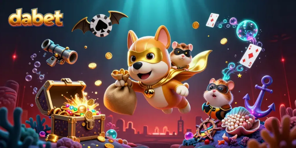 DABET casino-themed illustration featuring a superhero dog and sidekick hamster in a vibrant fantasy scene