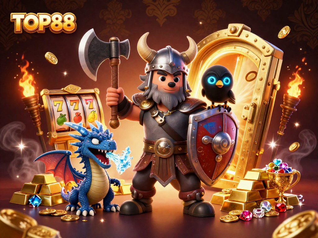 Join the adventure at TOP88 with Viking warriors, dragons, and casino treasures in this lively illustration.