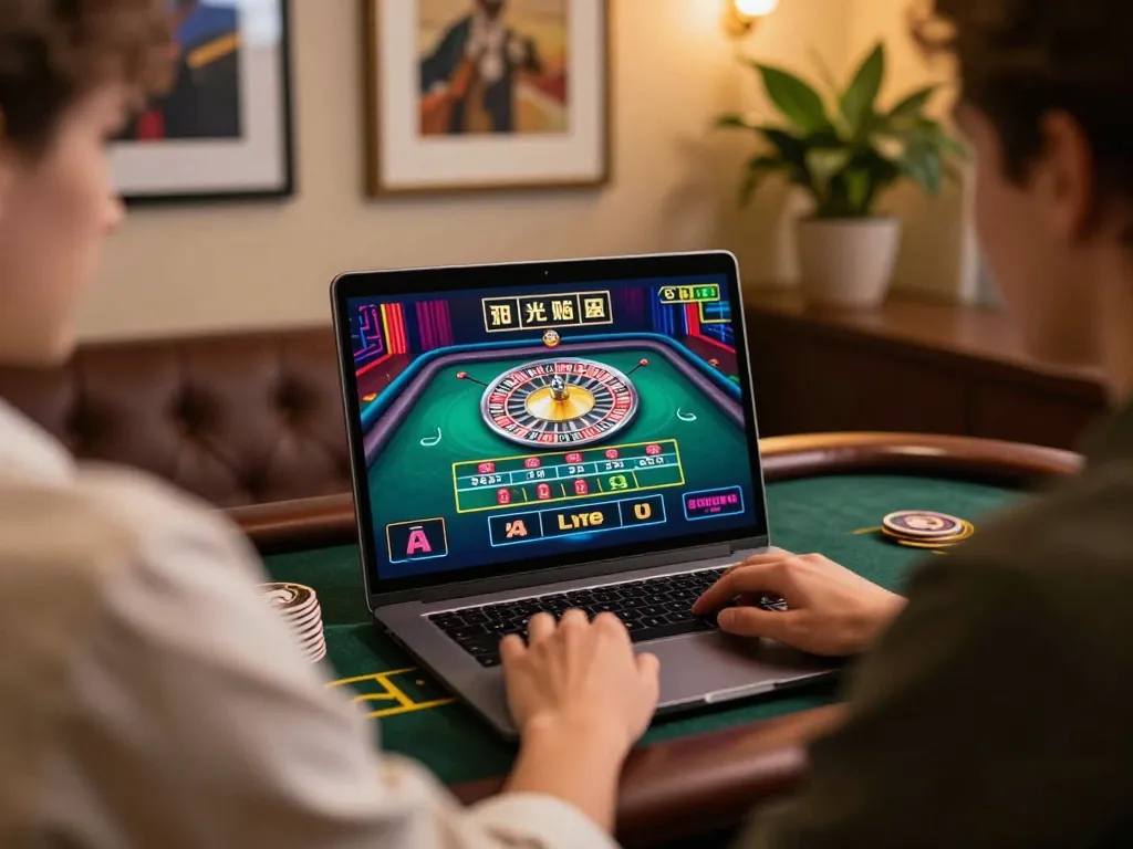 kp88 player enjoying live dealer roulette from stylish home setup with laptop and cozy decor