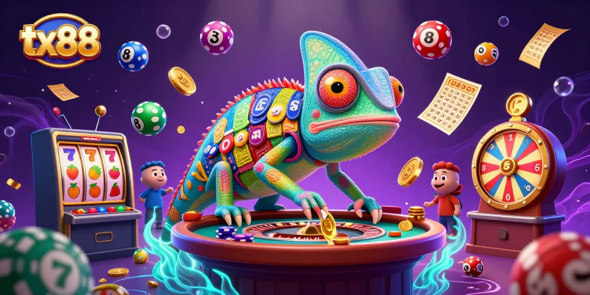 Experience the vibrant world of tx88, filled with colorful casino elements and a lively chameleon casino owner.