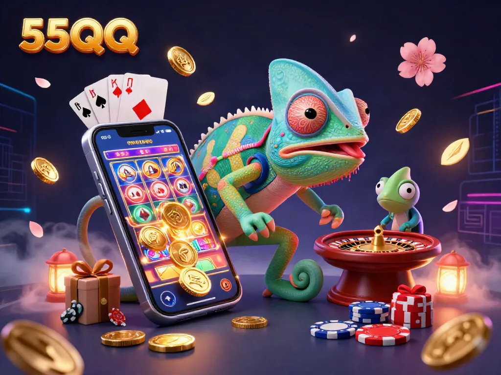 Experience the vibrant 55QQ casino scene with golden coins, a chameleon owner, and dynamic gaming elements.