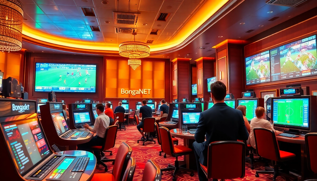 BongdaNET sports betting area featuring sleek terminals, vibrant atmosphere, and live soccer matches.