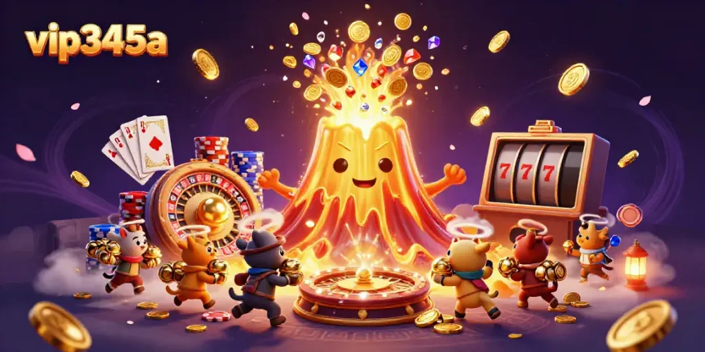 Experience the thrill of gaming with vip345a, featuring a golden volcano, coins, and triumphant animals.