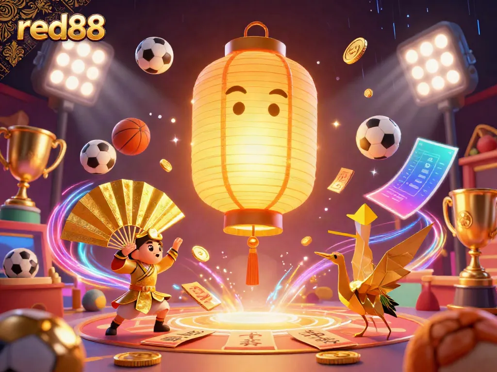 Experience exhilarating gameplay with red88 as a glowing lantern spirit leads a night casino adventure among golden symbols and dynamic sports elements.