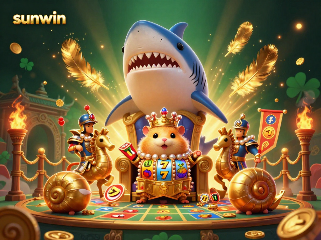 Experience the excitement of sunwin slots with a golden hamster king in a vibrant 3D casino scene.