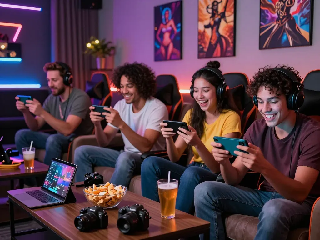 Engaged gamers enjoying mobile porn game in a cozy lounge, surrounded by colorful decor and snacks.