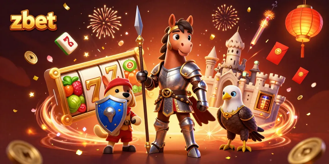 Experience thrilling gameplay with zbet as a knight and companions celebrate amidst slot machines and festive decor.