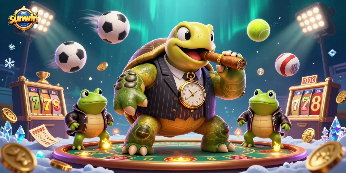 Join the sunwin adventure with a cartoon turtle and bullfrogs in a vibrant casino scene
