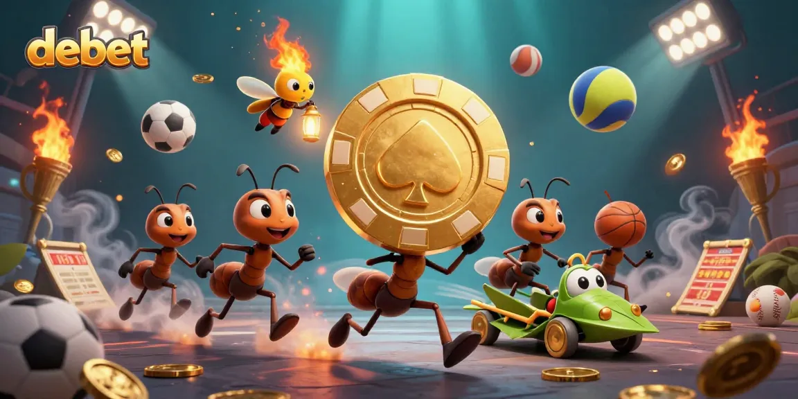 Engage in the thrilling debet experience with ants on a heist, golden poker chip, and sports betting elements.