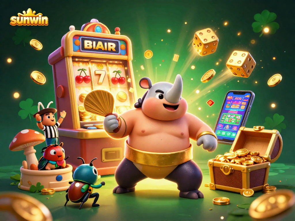 Experience the exciting wins at sunwin with a vibrant 3D illustration of a beetle sumo champion amidst colorful casino elements.