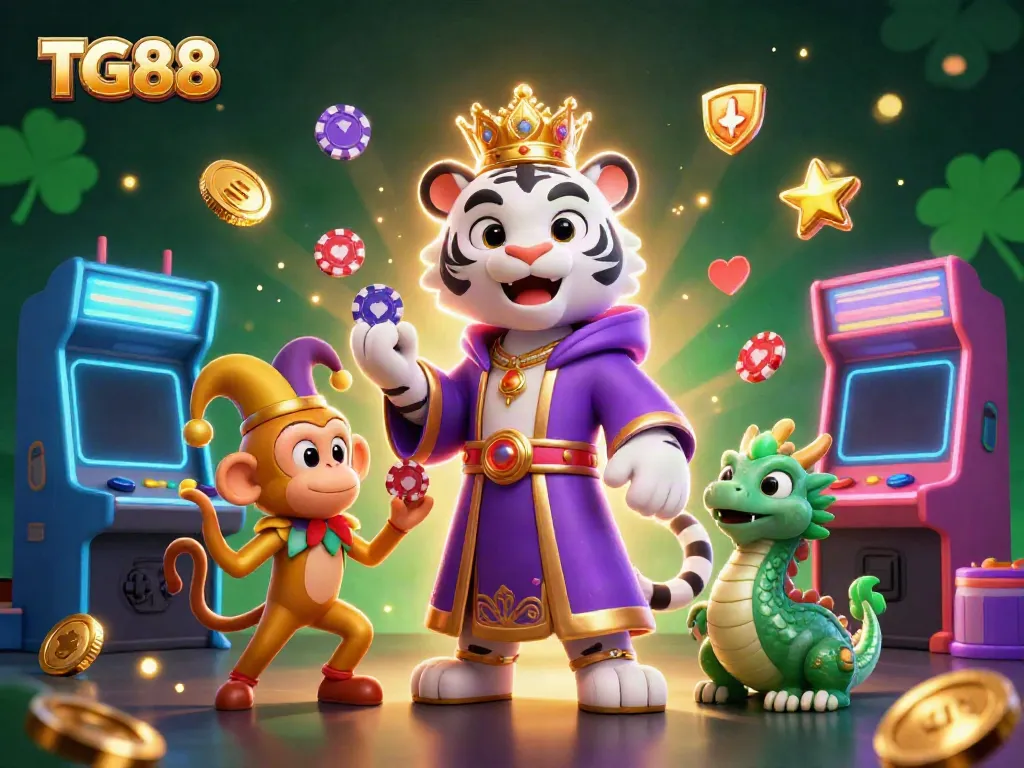Experience the excitement of TG88 with a lively 3D scene featuring casino games and playful characters.