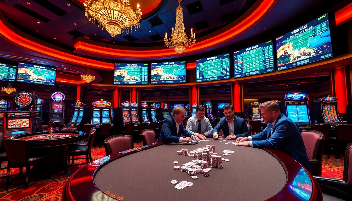 Experience the thrill of casino gaming with https://mm88.today/ featuring lively players at roulette and poker tables.