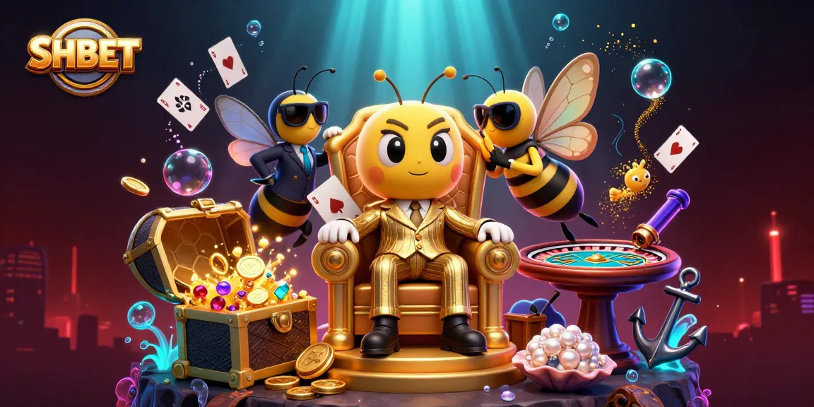 Engage with SHBET's vibrant casino world featuring a mob boss, bodyguards, and a butterfly amidst poker chips and golden treasures.