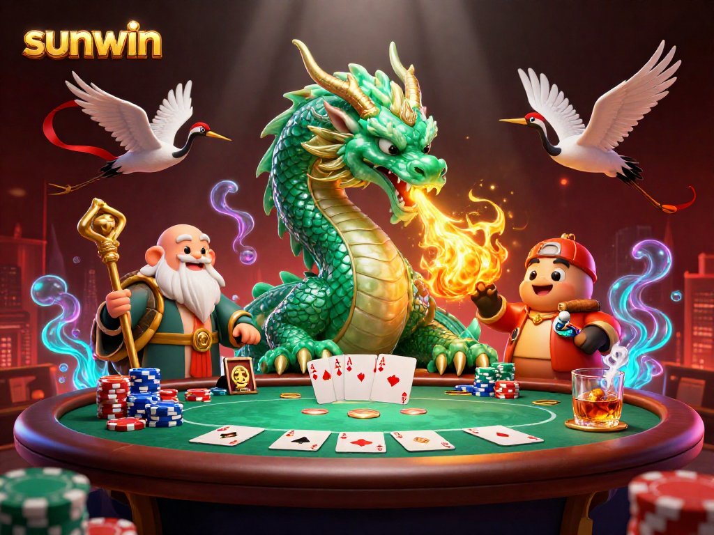 Engage in thrilling poker adventures with sunwin, showcasing a vibrant dragon, sage, and lucky cranes.