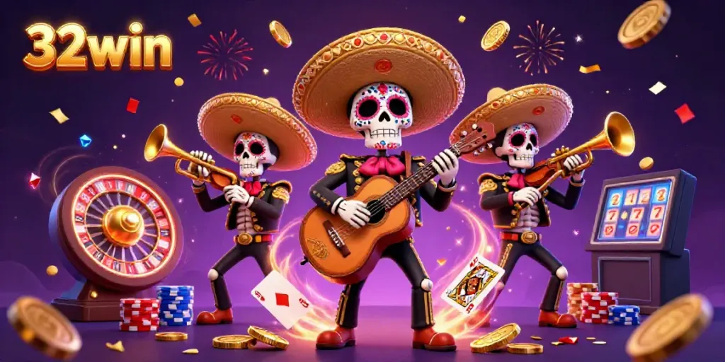 Experience the excitement of 32win with a dynamic mariachi band and casino elements celebrating luck and joy.