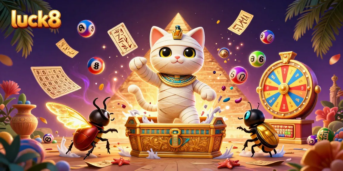 Play exciting games at luck8 with a thrilling scene featuring an Egyptian mummy, casino elements, and vibrant lottery balls.