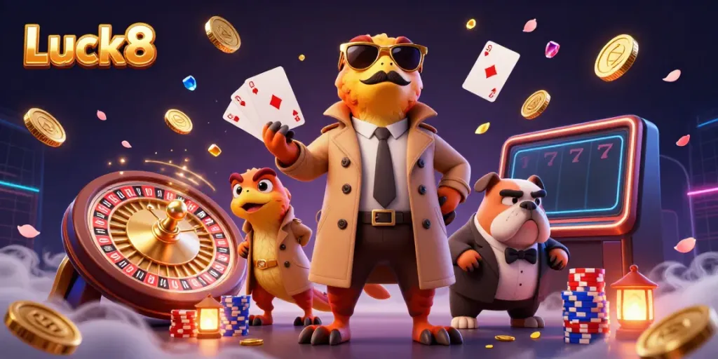 Luck8 raptors in a trench coat entering casino lounge filled with gold coins and vibrant gaming elements.