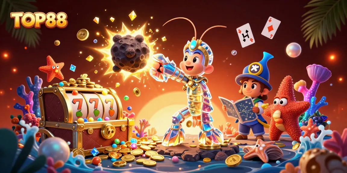Experience the excitement of TOP88 with vibrant slots and treasure in this dynamic illustration.