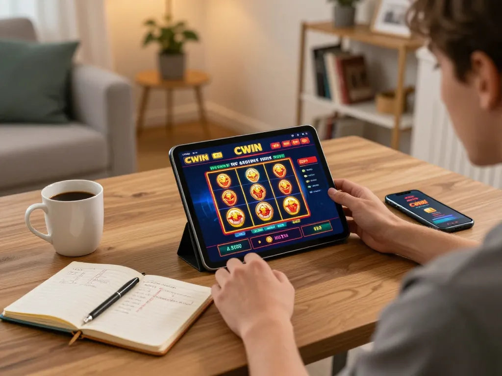 CWIN user enjoying online slot gameplay on tablet in cozy home setting with warm lighting.