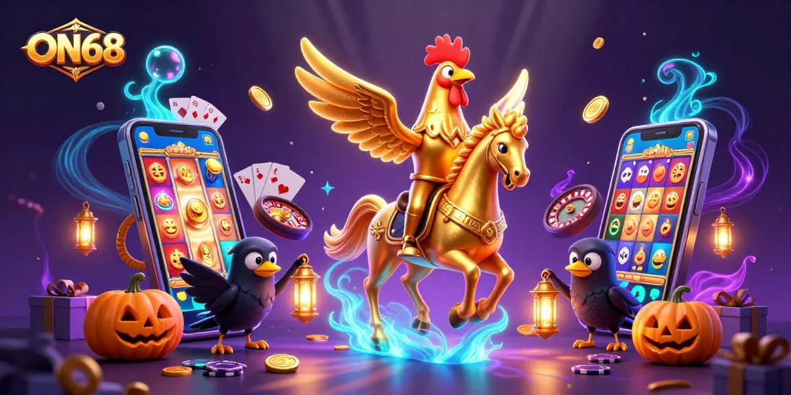 Experience exciting games at ON68 with golden rooster and pumpkin-headed characters in a vibrant casino scene.