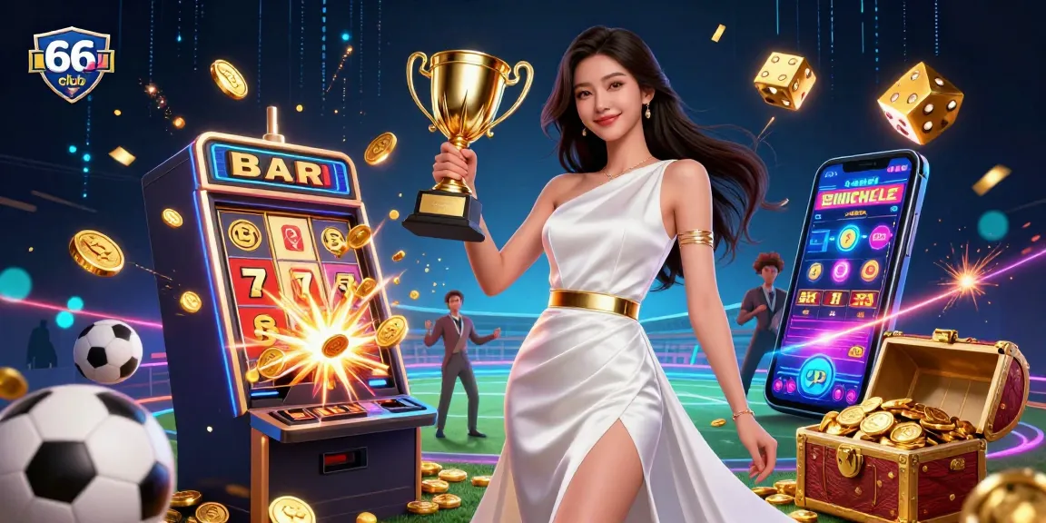Experience the excitement of 66club online betting with a confident Asian woman celebrating victory amidst dynamic gambling elements.
