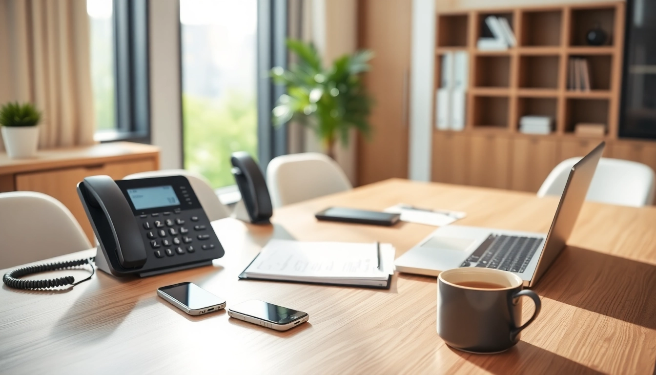 Explore a modern business phone setup on a professional desk, featuring sleek VoIP devices and smartphones.