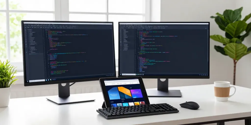 Ambiente de trabalho moderno com desenvolvedor em frente a computadores exibindo a interface do Youcine PC.