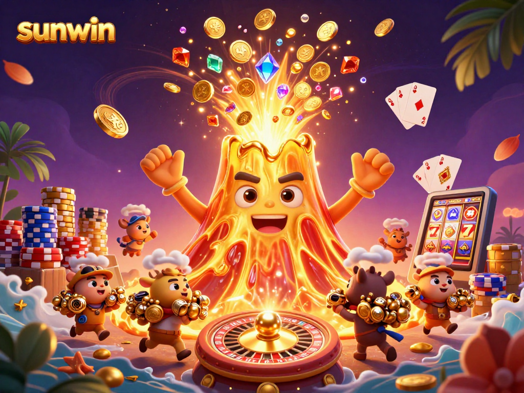 Experience the thrill of sunwin with a golden volcano erupting coins and treasures in this vibrant casino scene.